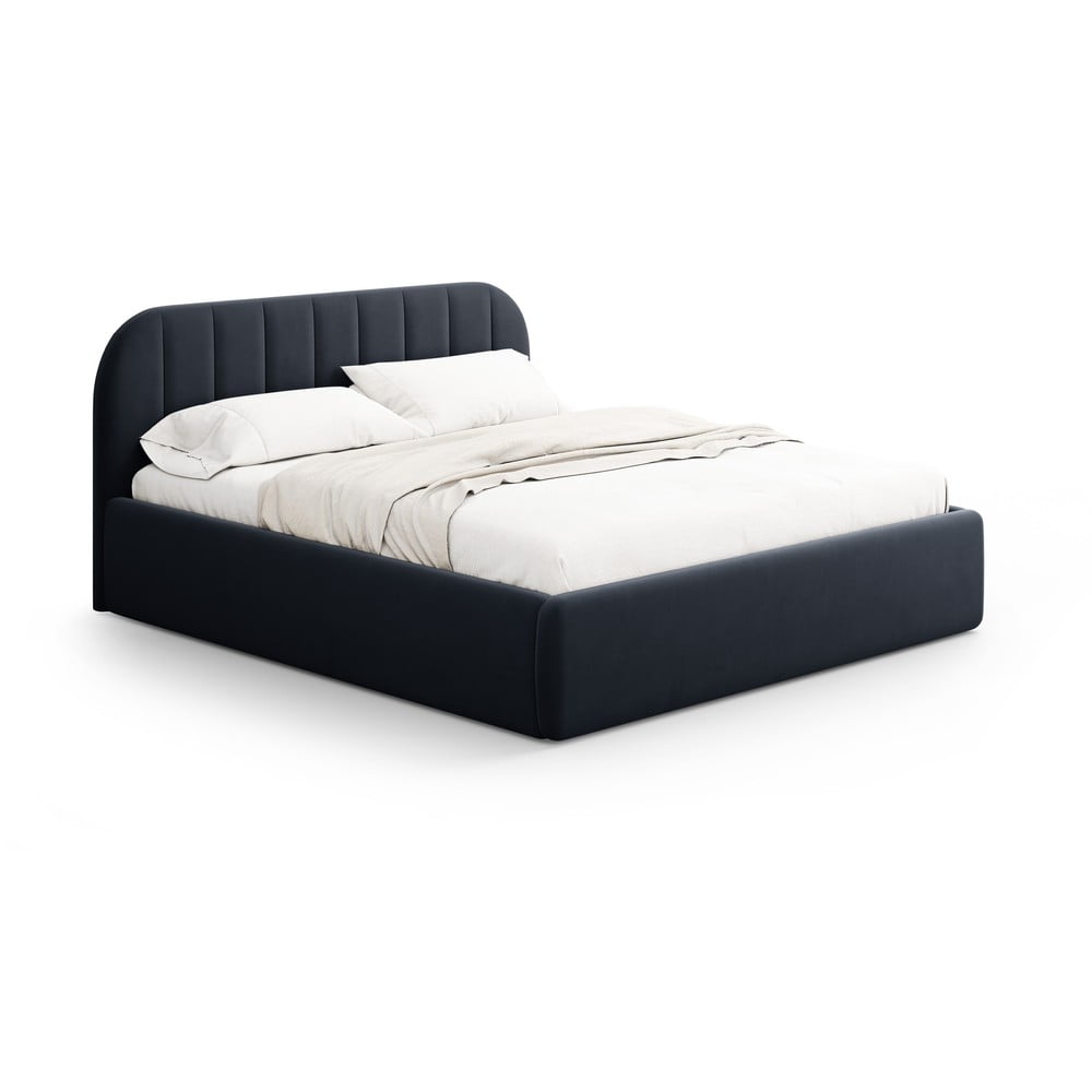 Sötétkék kárpitozott ágyneműtartós franciaágy ágyráccsal 200x200 cm Juno – Windsor & Co Sofas