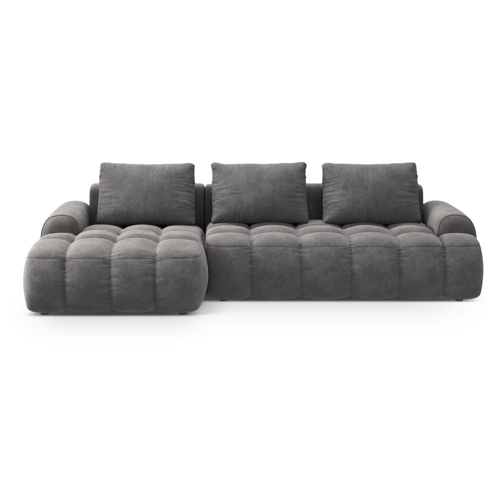 Szürke bársony kinyitható-tárolóhelyes sarokkanapé (bal oldali-heverő résszel) Linz – Cosmopolitan Design