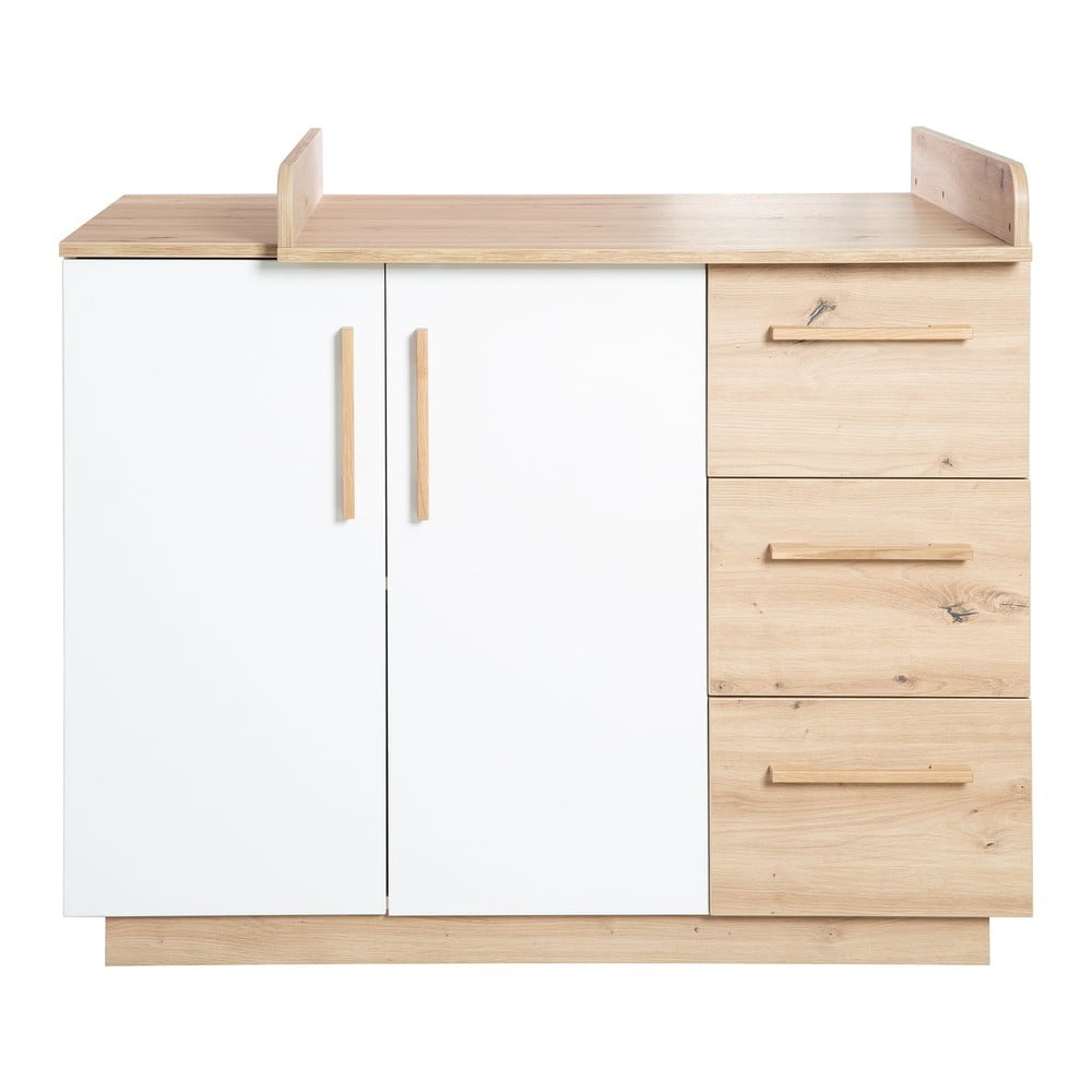 Fehér-natúr színű gyerek komód pelenkázó feltéttel tölgyfa dekorral 118x103x79 cm Lion – Roba