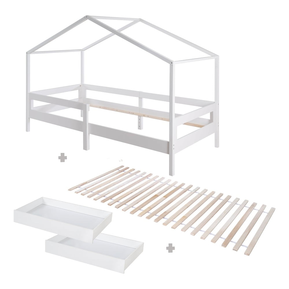 Fehér tömörfa ágyneműtartós házikó alakú gyerekágy ágyráccsal 90x200 cm – Roba