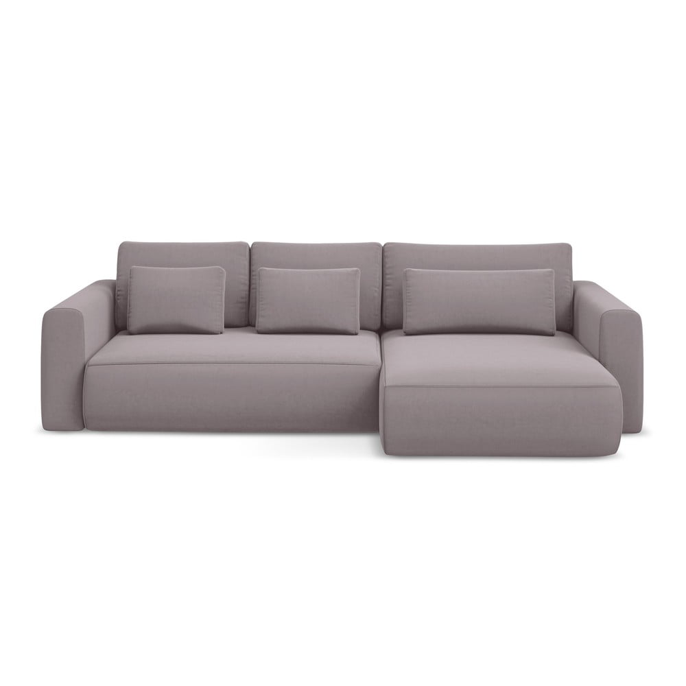 Levendula színű bársony kinyitható-tárolóhelyes sarokkanapé (jobb oldali-heverő résszel) Kapua – Makamii