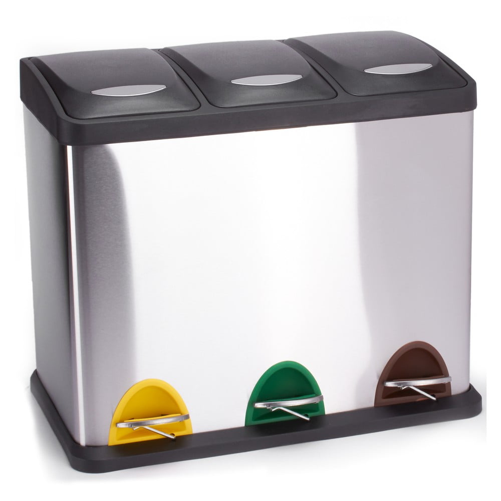 Matt ezüstszínű acél szelektív pedálos szemetes 3x8 l   Tri Selectif – MSV