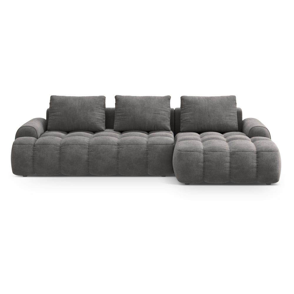 Szürke bársony kinyitható-tárolóhelyes sarokkanapé (jobb oldali-heverő résszel) Linz – Cosmopolitan Design