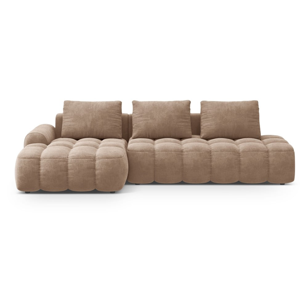 Világosbarna bársony kinyitható-tárolóhelyes sarokkanapé (bal oldali-heverő résszel) Linz – Cosmopolitan Design