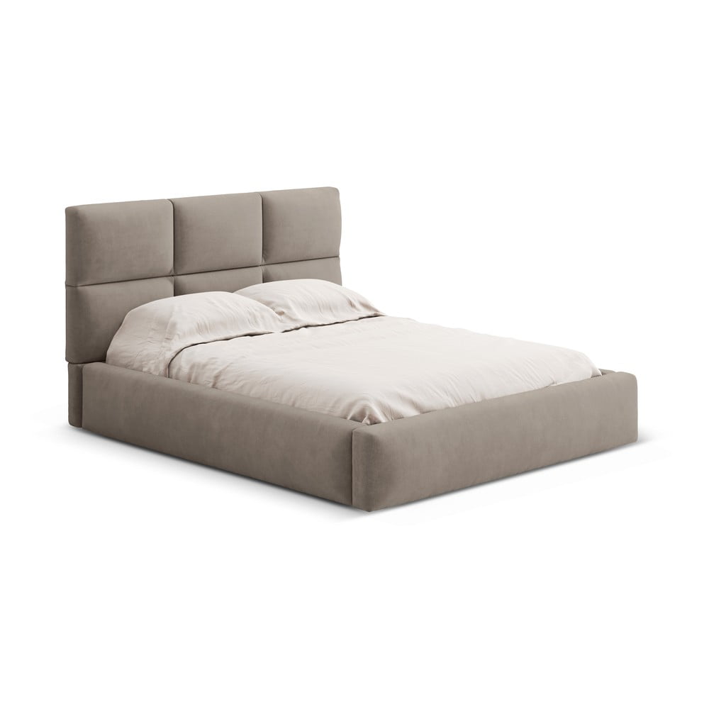 Világosbarna kárpitozott ágyneműtartós franciaágy ágyráccsal 200x200 cm Libera – Windsor & Co Sofas