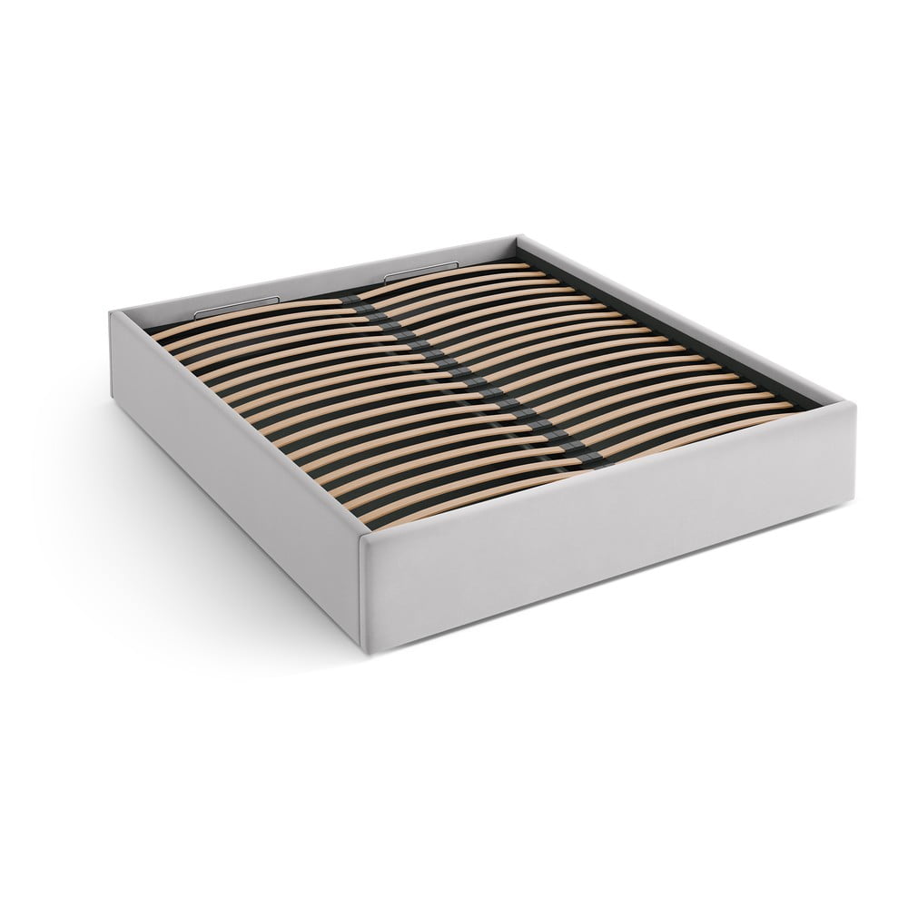 Világosszürke kárpitozott ágyneműtartós-ágytámla nélkül franciaágy ágyráccsal 160x200 cm Susan – Micadoni