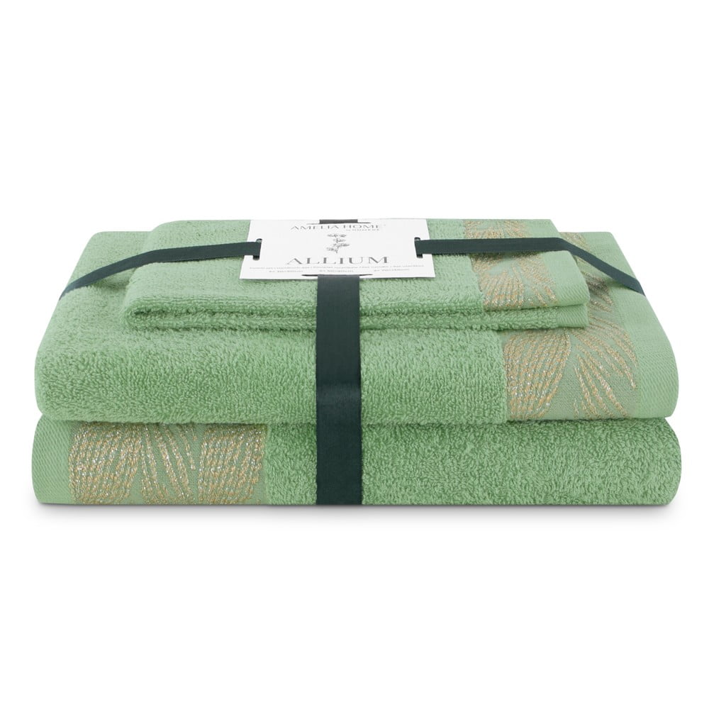 Világoszöld frottír pamut törölköző és fürdőlepedő készlet 3 db-os Allium – Restilo