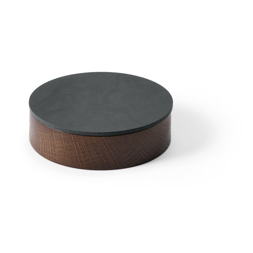 Antracitszürke-barna fedeles-dekoratív fa-öko bőr tárolódoboz ø 11x3