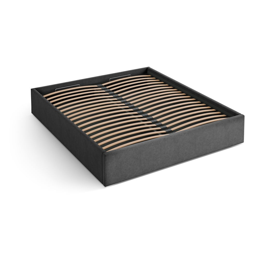 Antracitszürke kárpitozott ágyneműtartós-ágytámla nélkül franciaágy ágyráccsal 200x200 cm Susan – Micadoni