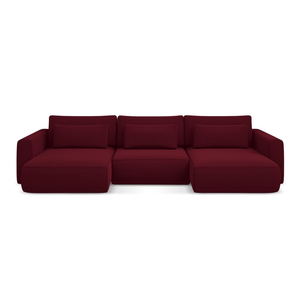 Borvörös bársony kinyitható-tárolóhelyes (U alakú) sarokkanapé Kapua – Makamii