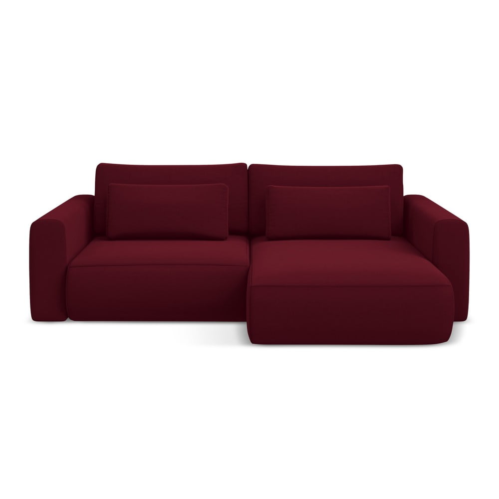 Borvörös bársony kinyitható-tárolóhelyes sarokkanapé (jobb oldali-heverő résszel) Kapua – Makamii