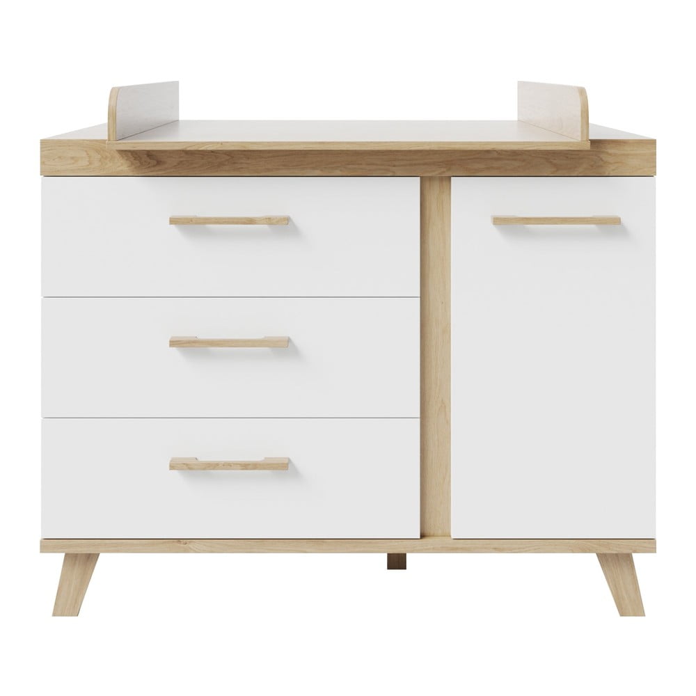 Fehér gyerek komód pelenkázó feltéttel tölgyfa dekorral 118x103x78 cm Smile – Roba