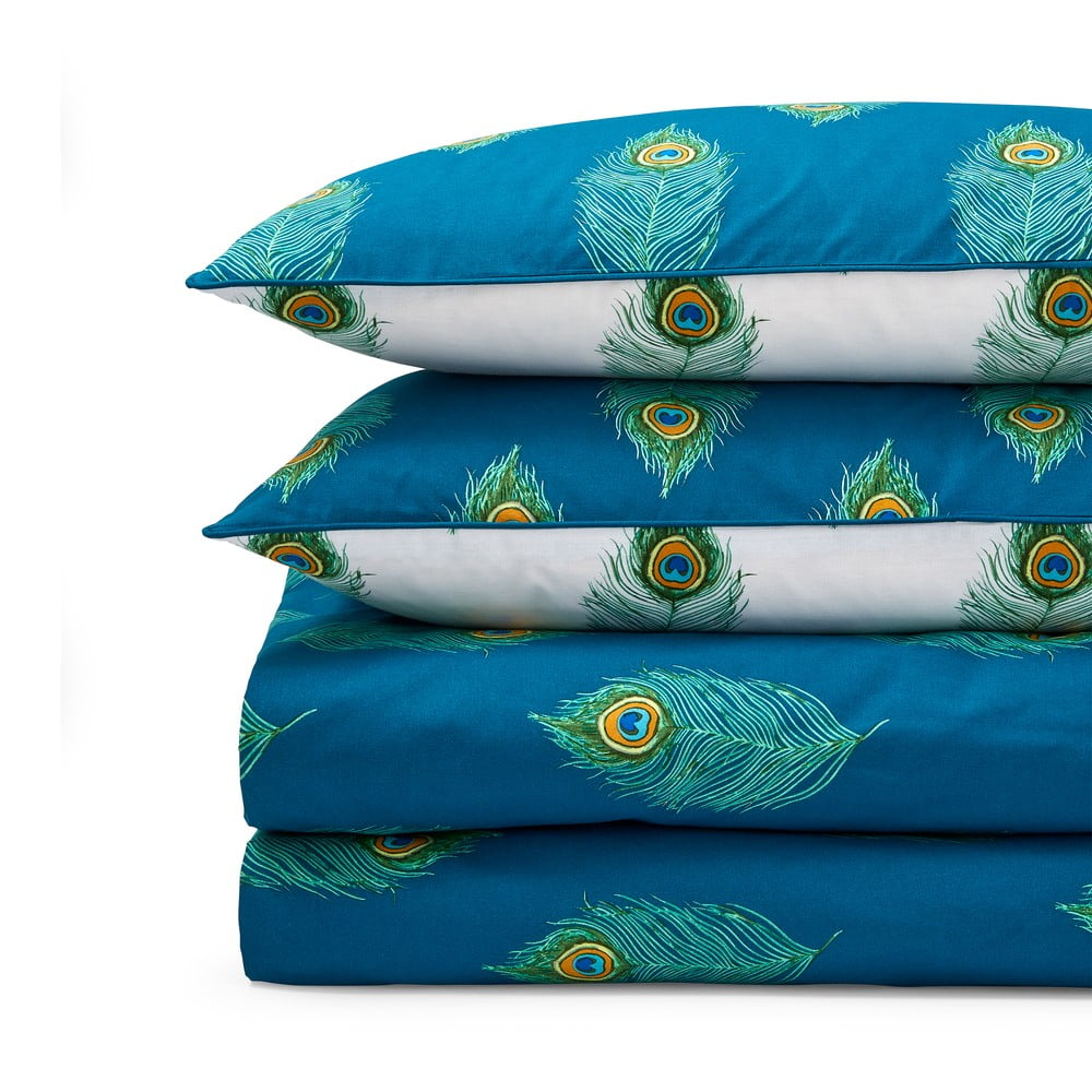 Fehér-kékeszöld kétszemélyes pamut ágyneműhuzat 200x200 cm Peacock Feather – Their Nibs