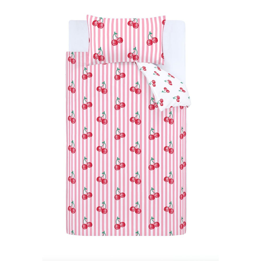 Fehér-rózsaszín egyszemélyes ágyneműhuzat 135x200 cm Disco Cherries Stripes – Catherine Lansfield