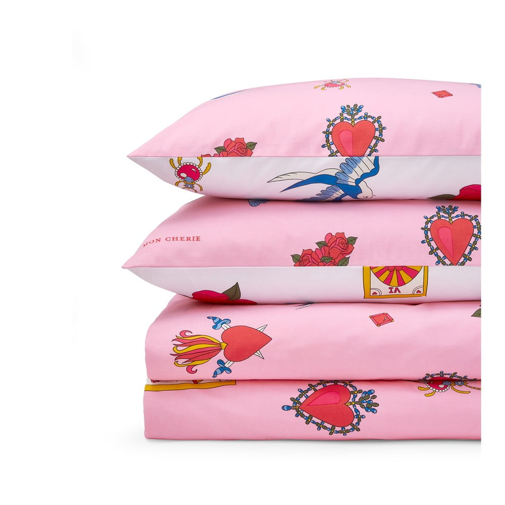 Fehér-rózsaszín egyszemélyes pamut ágyneműhuzat 135x200 cm Mon Coeur – Their Nibs