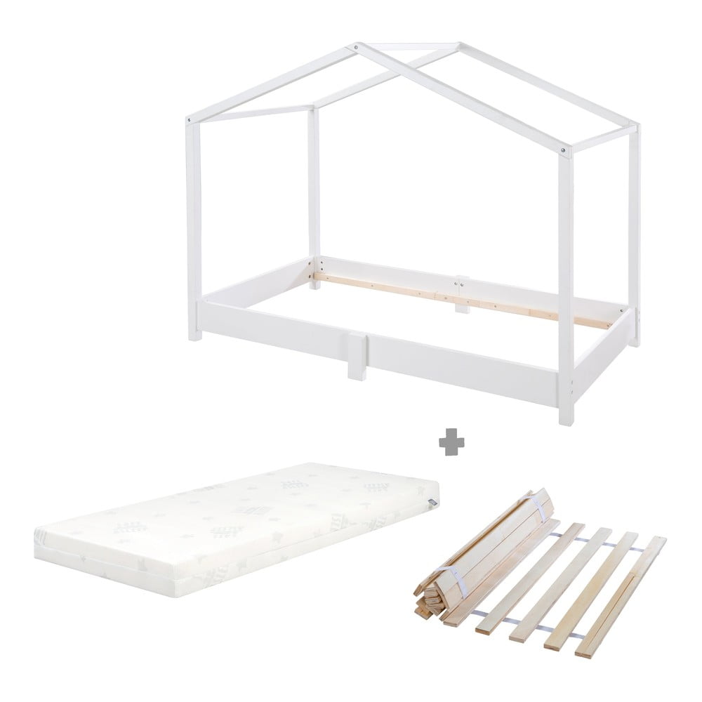 Fehér tömörfa házikó alakú gyerekágy matraccal-ágyráccsal 70x140 cm – Roba