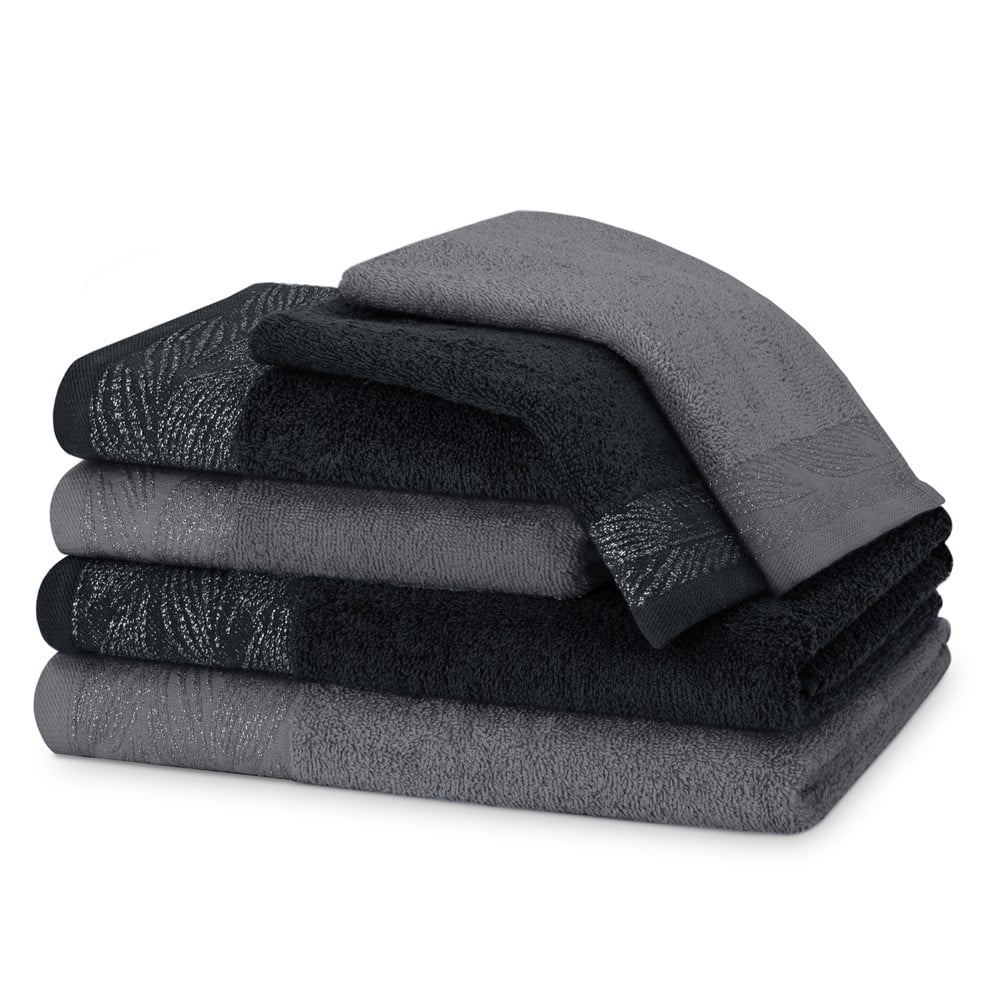 Fekete-szürke frottír pamut törölköző és fürdőlepedő készlet 6 db-os Allium – Restilo