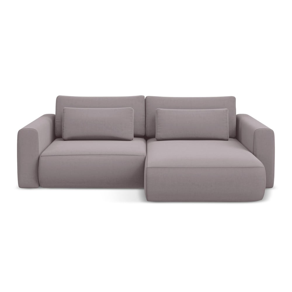 Levendula színű bársony kinyitható-tárolóhelyes sarokkanapé (jobb oldali-heverő résszel) Kapua – Makamii