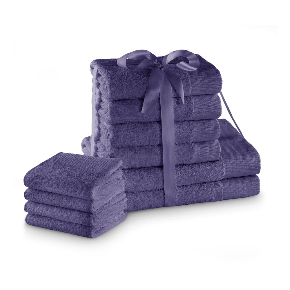 Lila frottír pamut törölköző és fürdőlepedő készlet 10 db-os Amari – Restilo