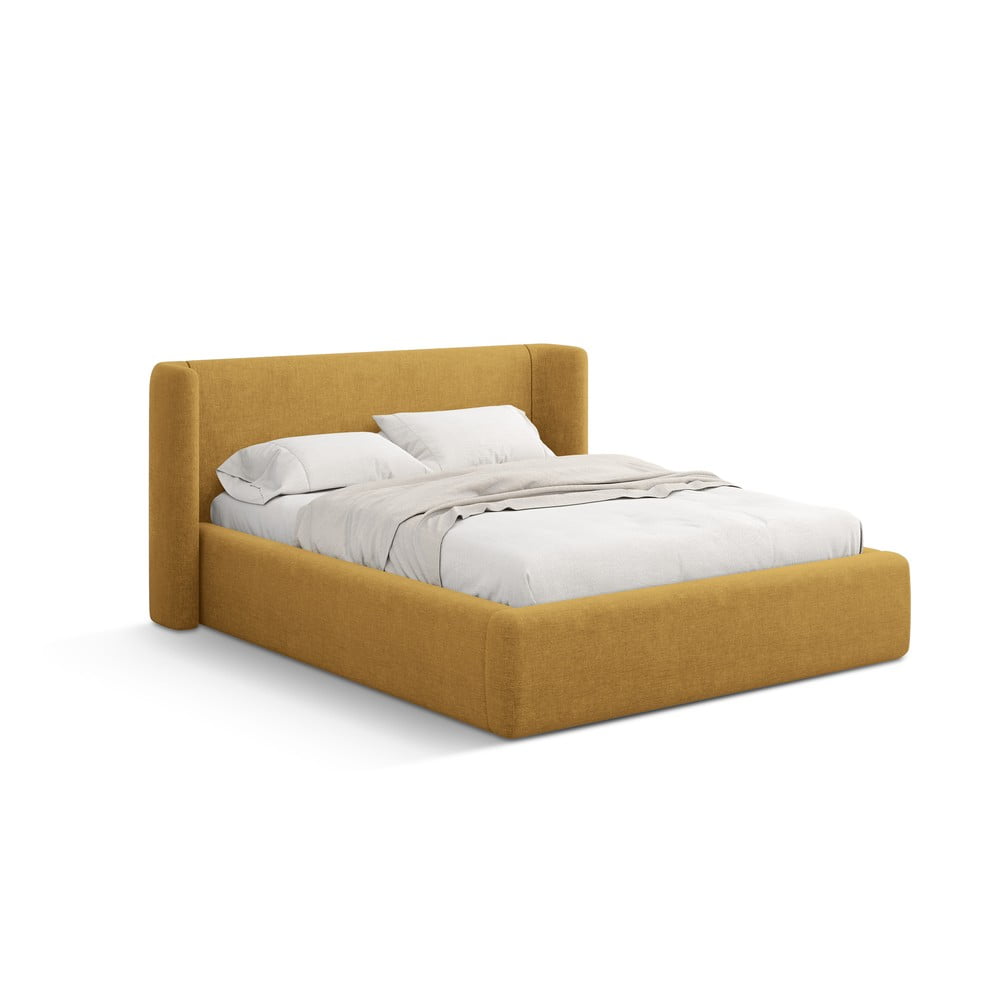 Mustársárga kárpitozott ágyneműtartós franciaágy ágyráccsal 200x200 cm Jason – Windsor & Co Sofas