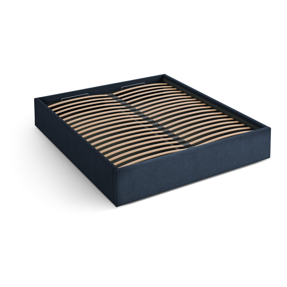 Sötétkék kárpitozott ágyneműtartós-ágytámla nélkül franciaágy ágyráccsal 180x200 cm Susan – Micadoni