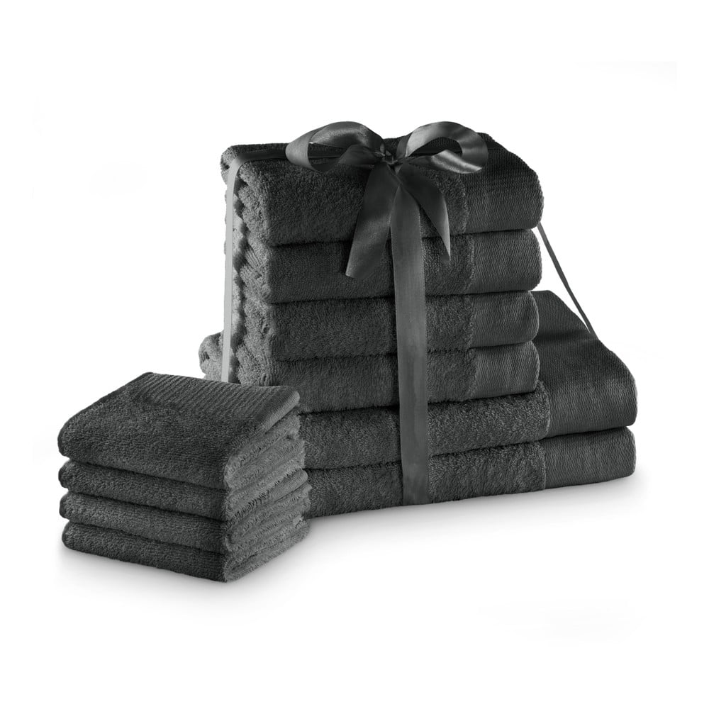 Sötétszürke frottír pamut törölköző és fürdőlepedő készlet 10 db-os Amari – Restilo