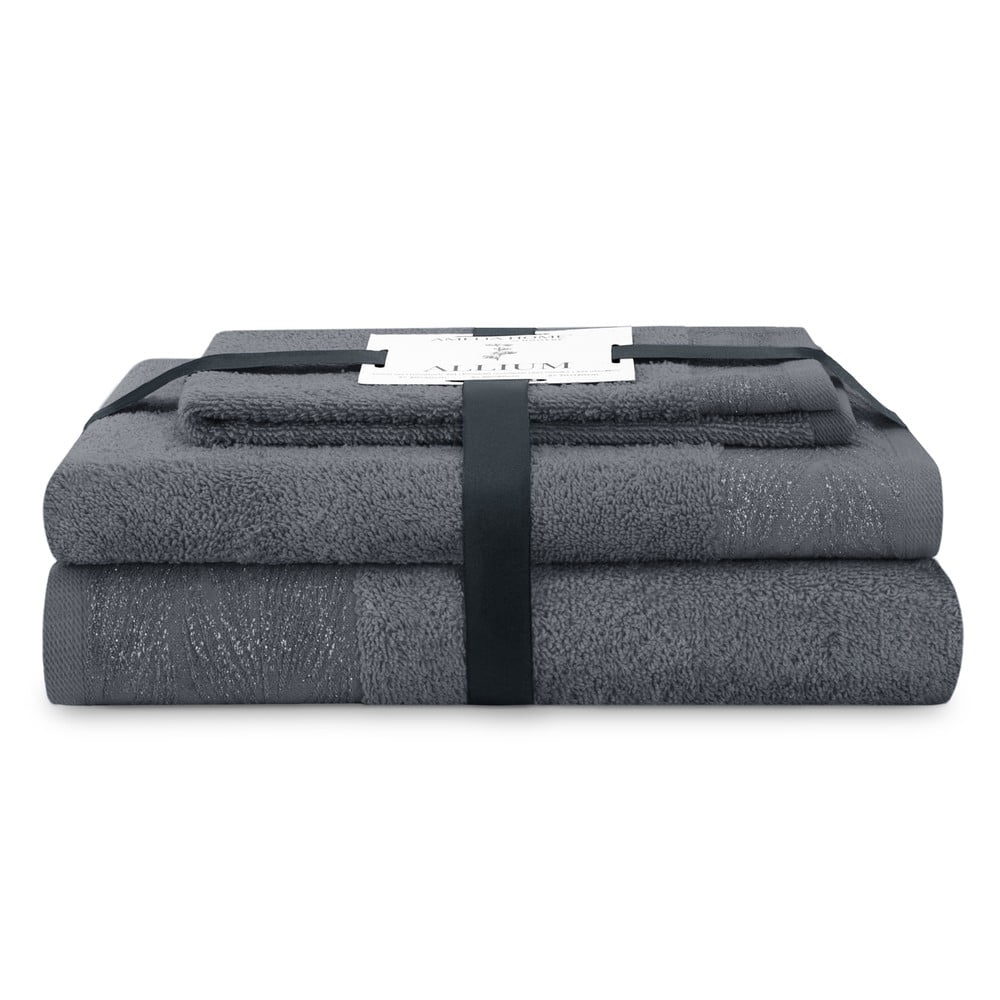 Sötétszürke frottír pamut törölköző és fürdőlepedő készlet 3 db-os Allium – Restilo