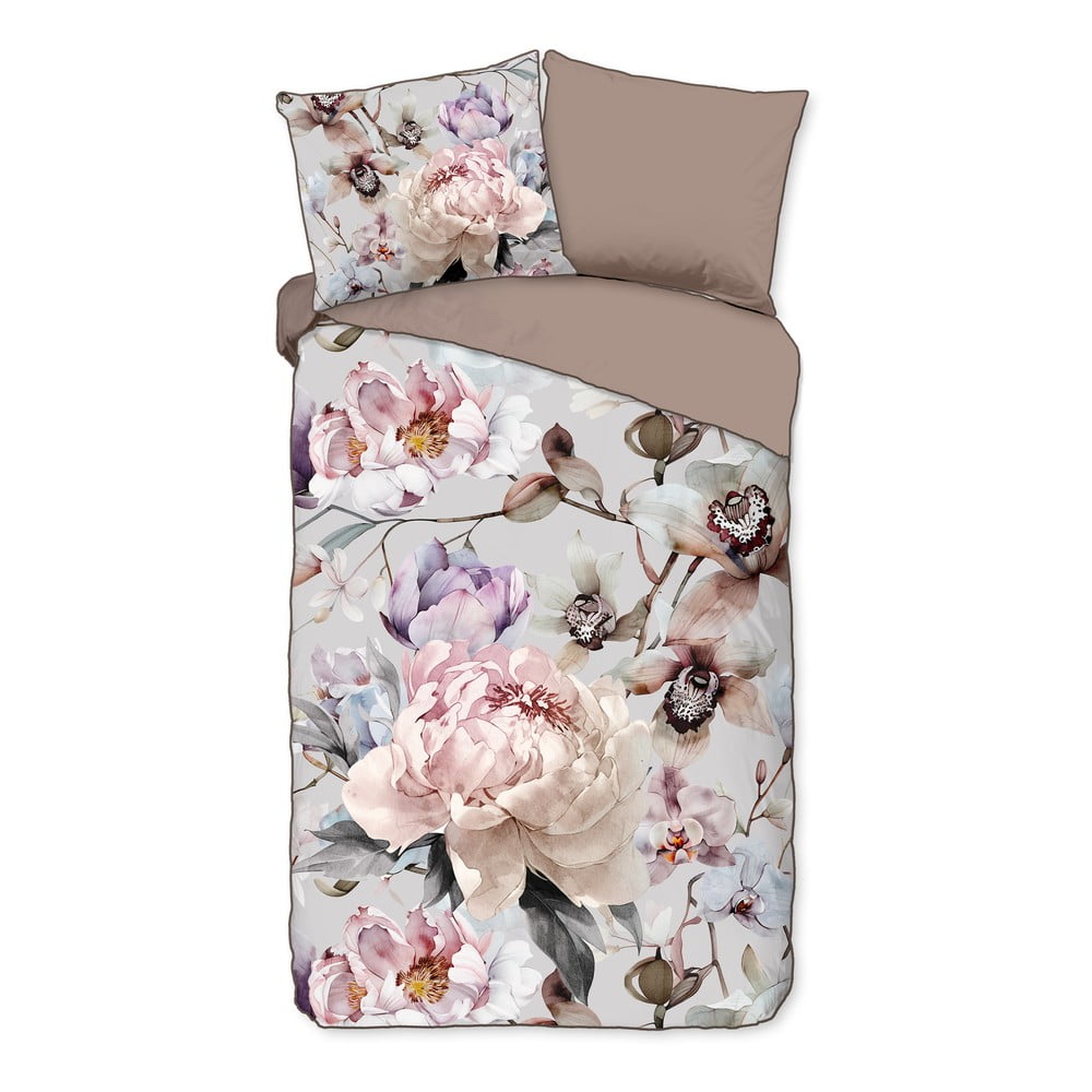 Szürke-barna egyszemélyes-hosszabbított pamut-szatén ágyneműhuzat 140x220 cm Colinda – Descanso