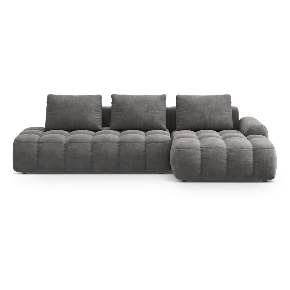 Szürke bársony kinyitható-tárolóhelyes sarokkanapé (jobb oldali-heverő résszel) Linz – Cosmopolitan Design