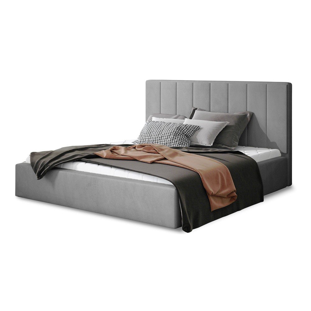 Szürke kárpitozott ágyneműtartós franciaágy ágyráccsal 140x200 cm Audrey – ELTAP