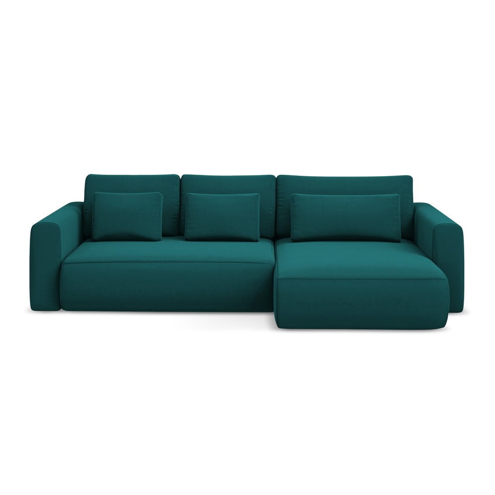 Türkiz bársony kinyitható-tárolóhelyes sarokkanapé (jobb oldali-heverő résszel) Kapua – Makamii