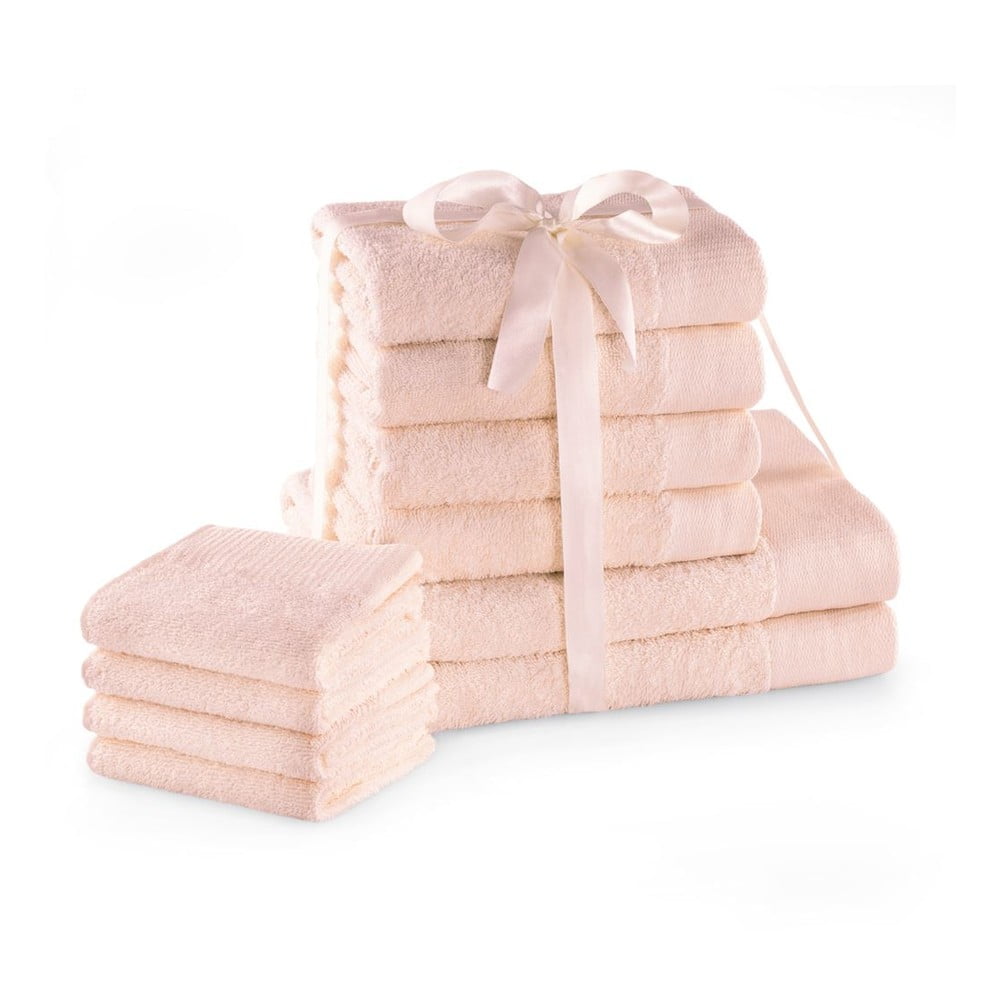 Világos rózsaszín frottír pamut törölköző és fürdőlepedő készlet 10 db-os Amari – Restilo