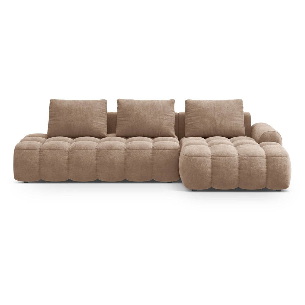 Világosbarna bársony kinyitható-tárolóhelyes sarokkanapé (jobb oldali-heverő résszel) Linz – Cosmopolitan Design