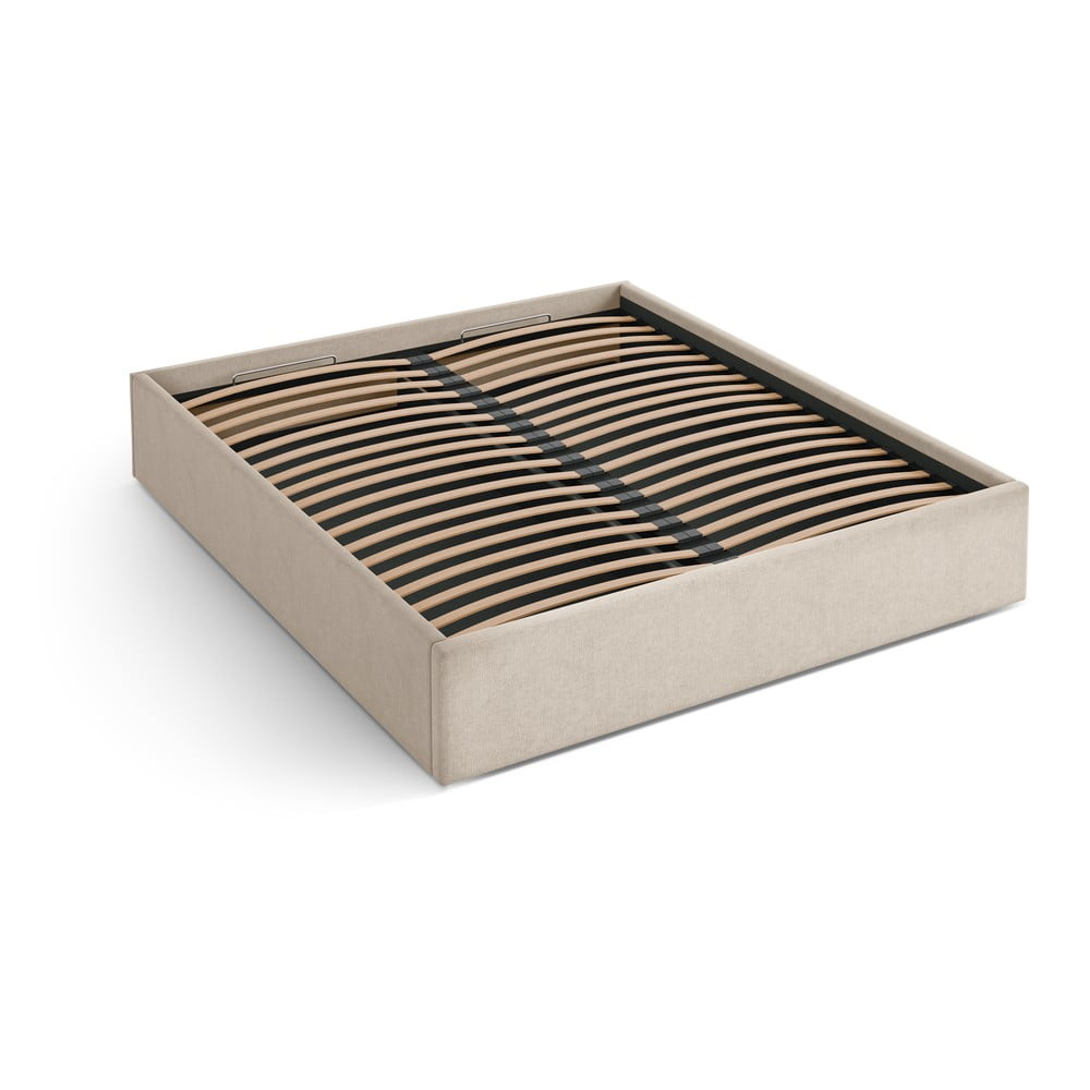 Világosbarna kárpitozott ágyneműtartós-ágytámla nélkül franciaágy ágyráccsal 200x200 cm Susan – Micadoni