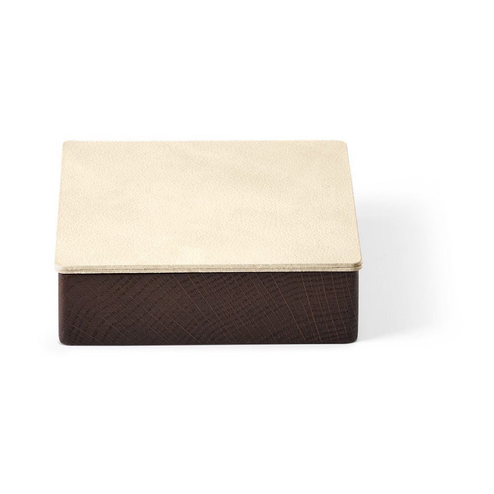 Barna-krémszínű fedeles-dekoratív fa-öko bőr tárolódoboz 11x11x3