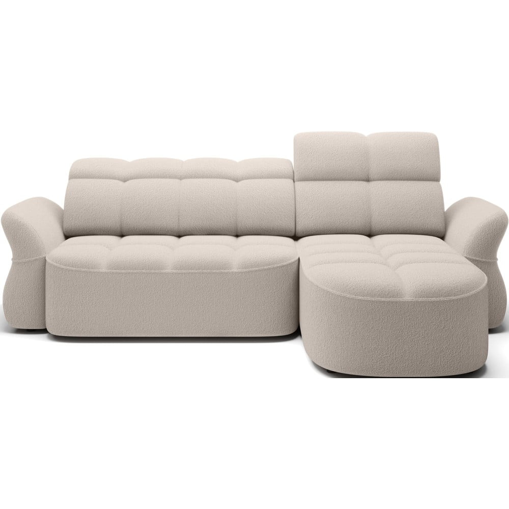 Bézs buklé kinyitható-tárolóhelyes sarokkanapé (jobb oldali-heverő résszel) Beneth – ELTAP