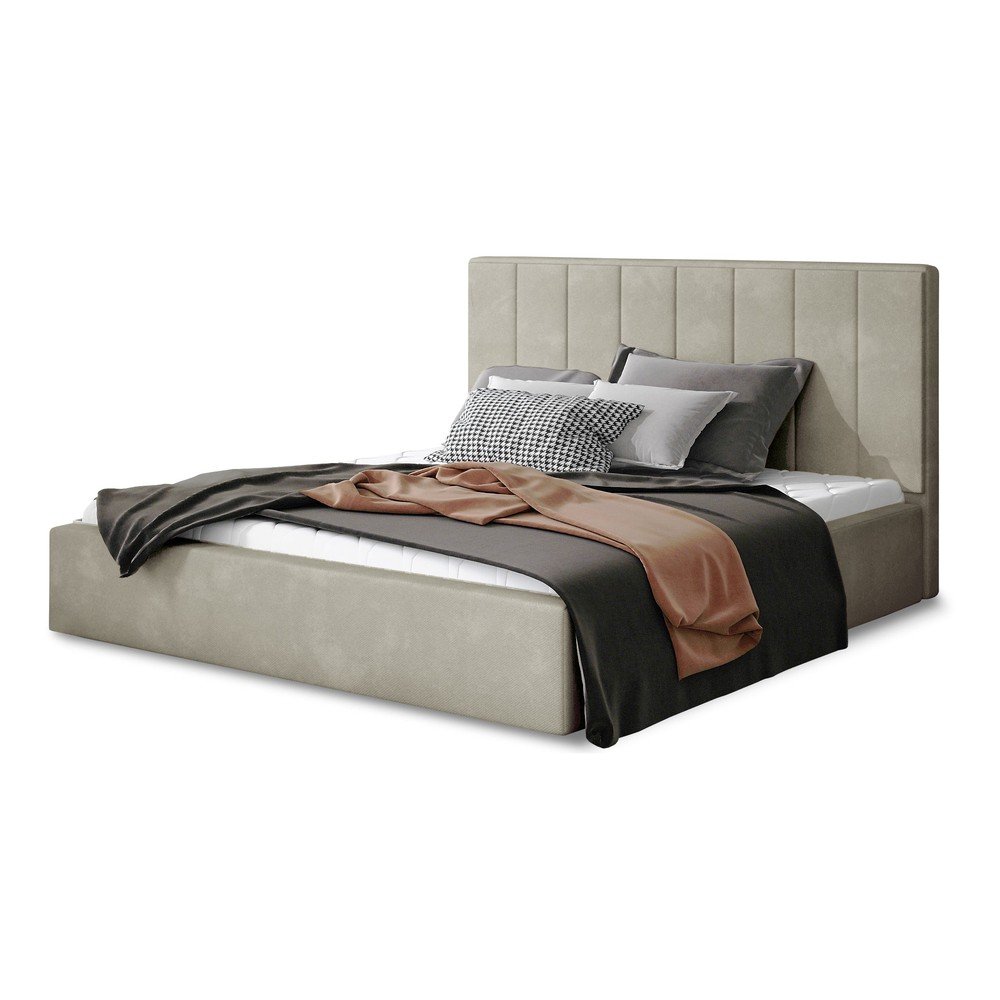 Bézs kárpitozott ágyneműtartós franciaágy ágyráccsal 200x200 cm Audrey – ELTAP