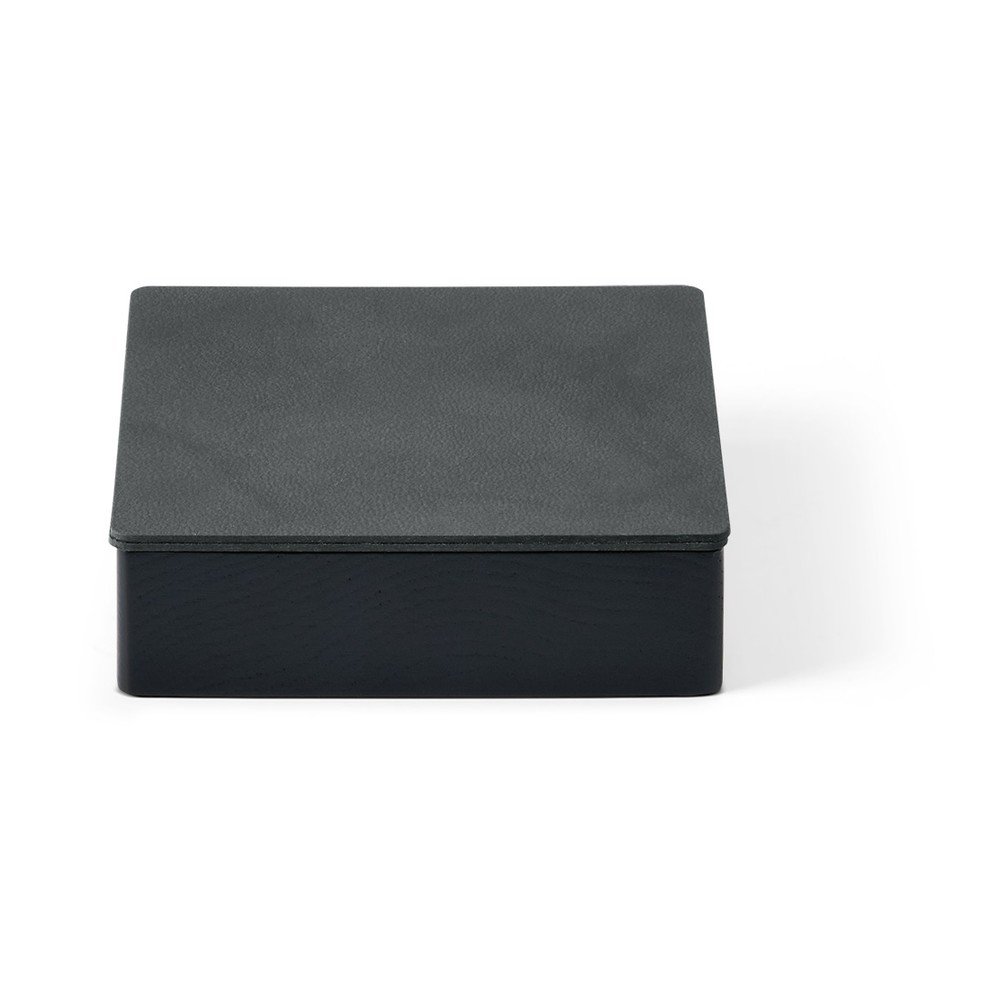Fekete-antracitszürke fedeles-dekoratív fa-öko bőr tárolódoboz 11x11x3