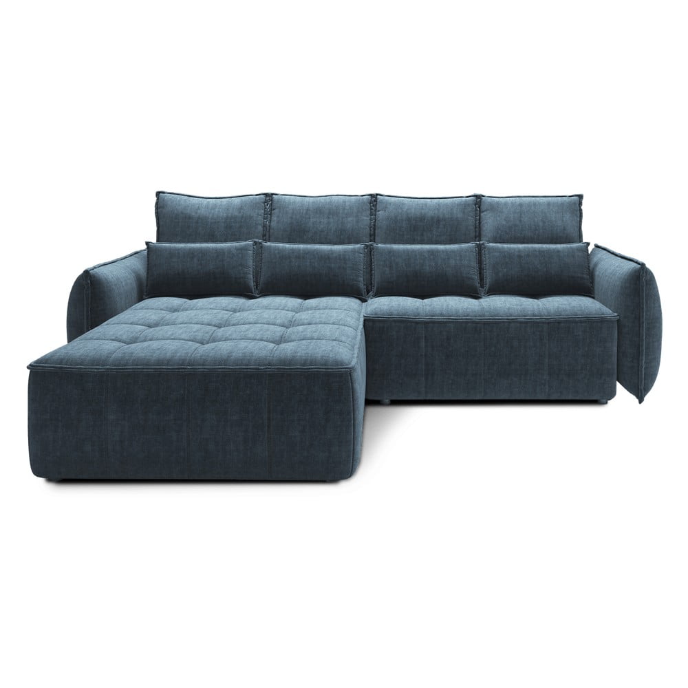 Kék bársony kinyitható-tárolóhelyes sarokkanapé (bal oldali-heverő résszel) Campo – ELTAP