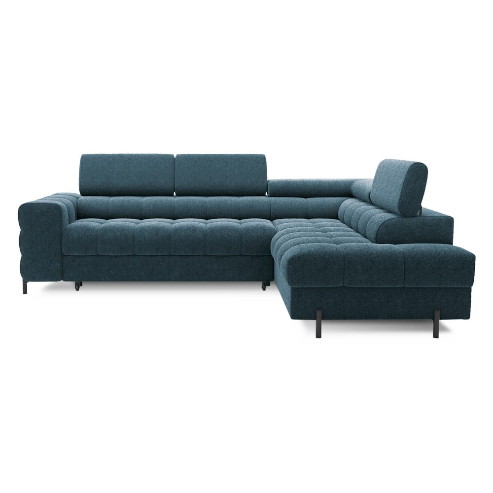 Kék buklé kinyitható-tárolóhelyes sarokkanapé (jobb oldali-L alakú) Ferucce – ELTAP