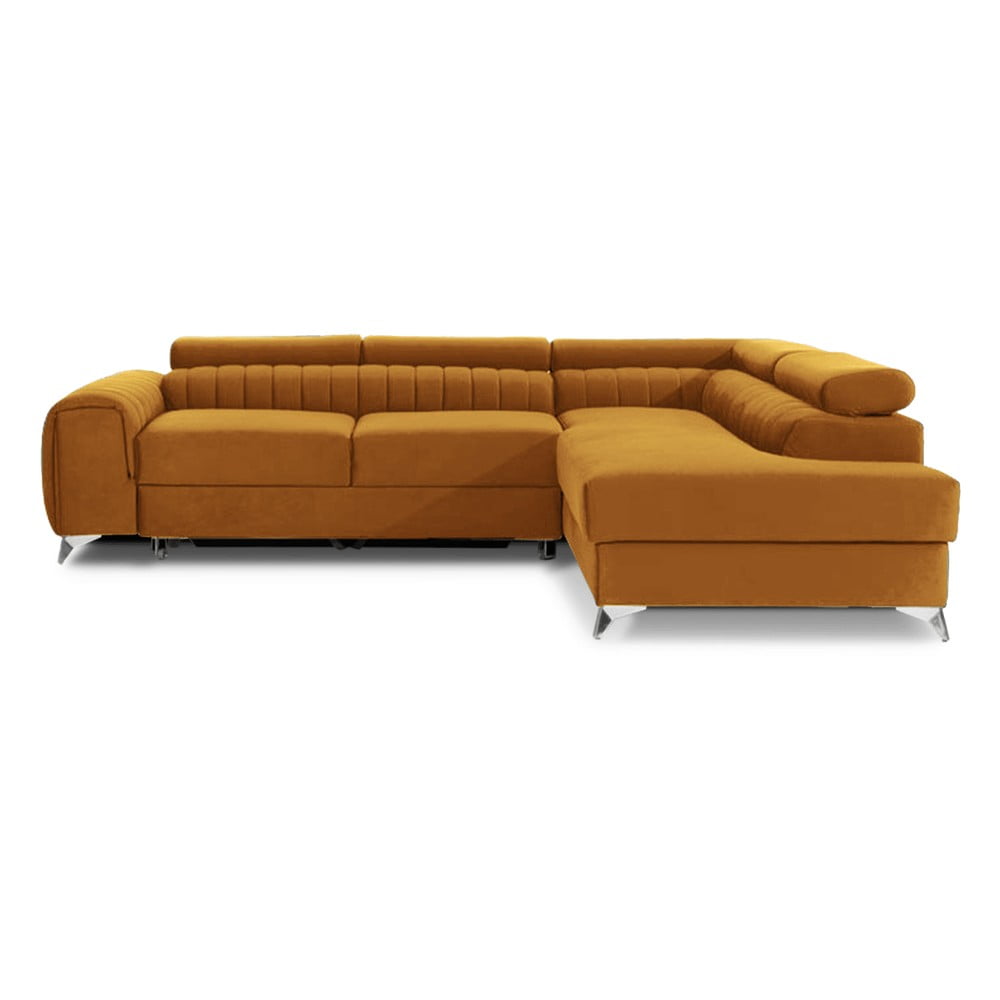 Sárga bársony kinyitható-tárolóhelyes sarokkanapé (jobb oldali-L alakú) Laurence – ELTAP