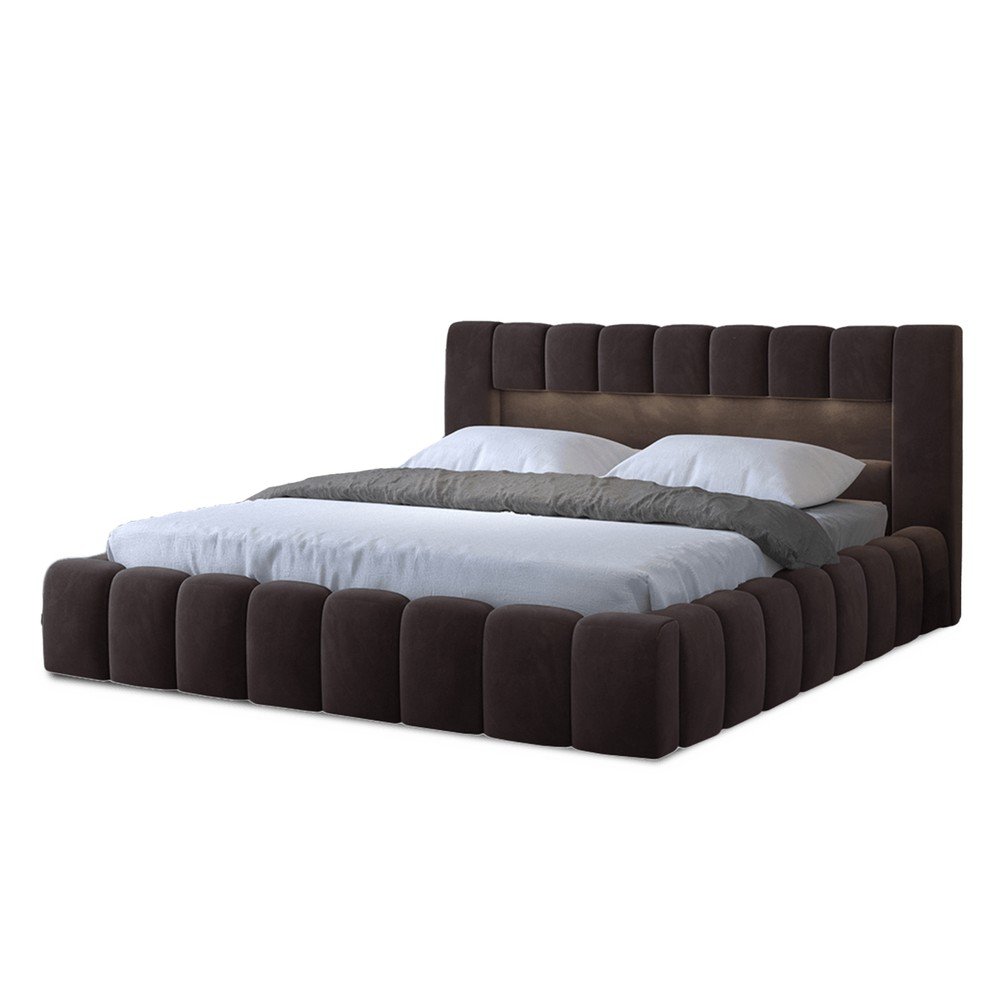 Sötétbarna kárpitozott ágyneműtartós franciaágy ágyráccsal 160x200 cm Lamica – ELTAP