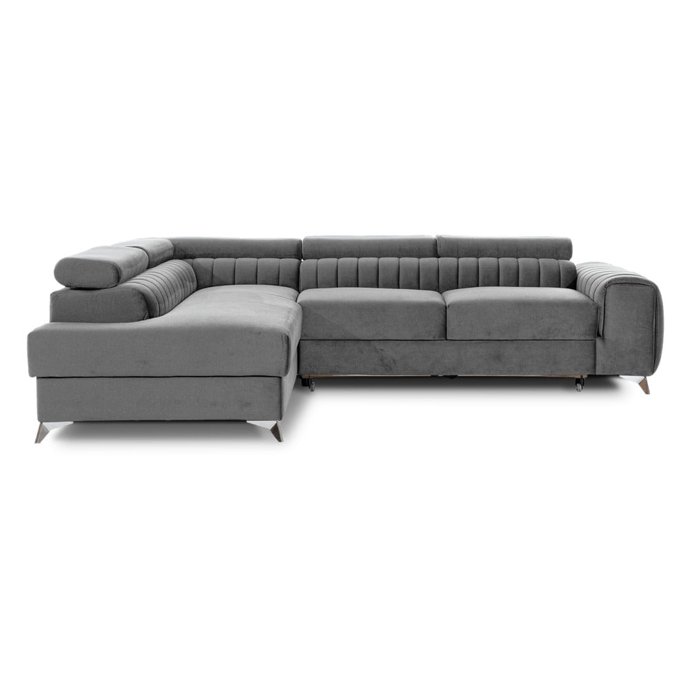 Szürke bársony kinyitható-tárolóhelyes sarokkanapé (bal oldali-L alakú) Laurence – ELTAP