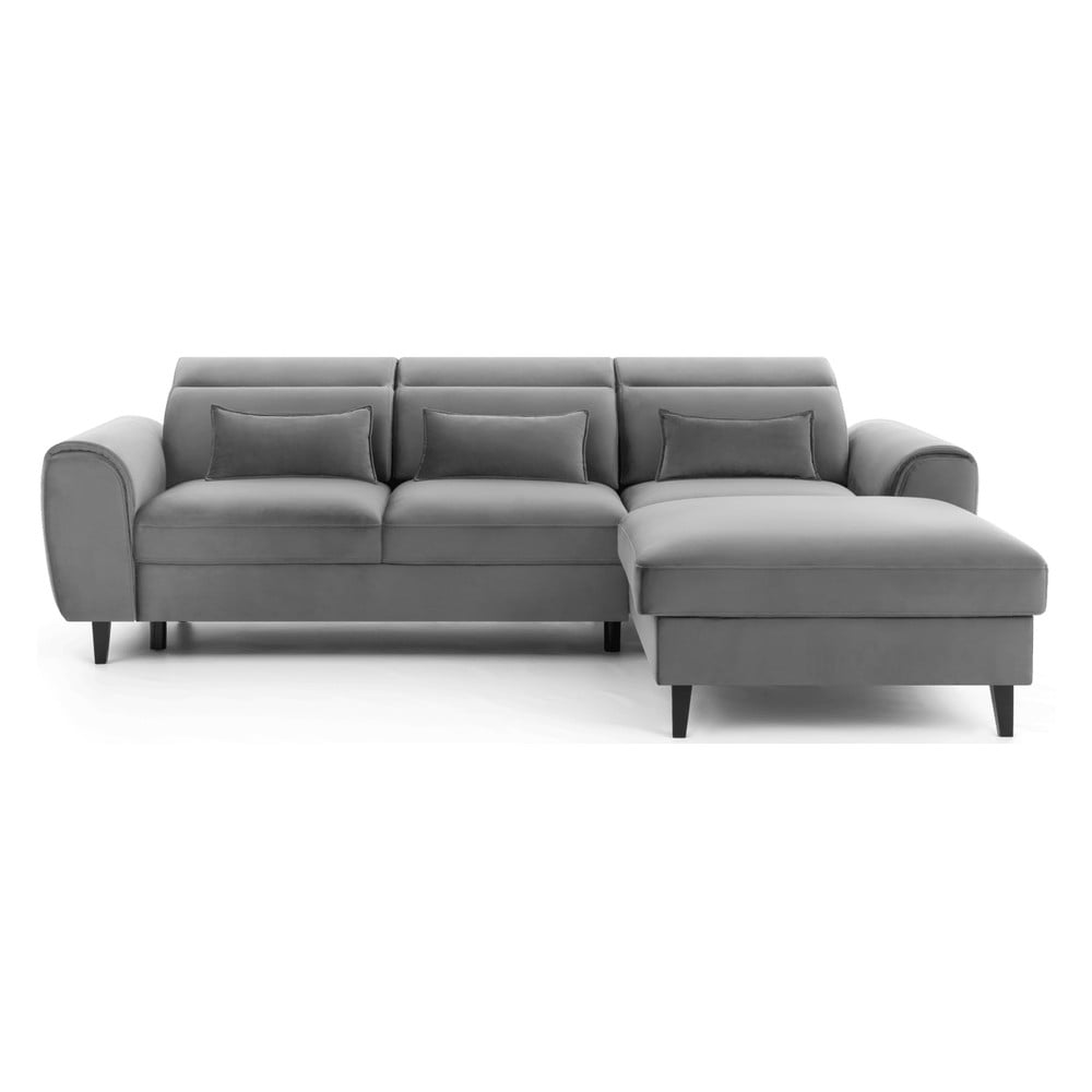Szürke bársony kinyitható-tárolóhelyes sarokkanapé (jobb oldali-heverő résszel) Foble – ELTAP