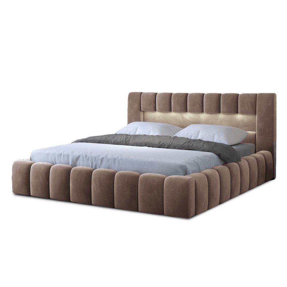 Világosbarna kárpitozott ágyneműtartós franciaágy ágyráccsal 180x200 cm Lamica – ELTAP