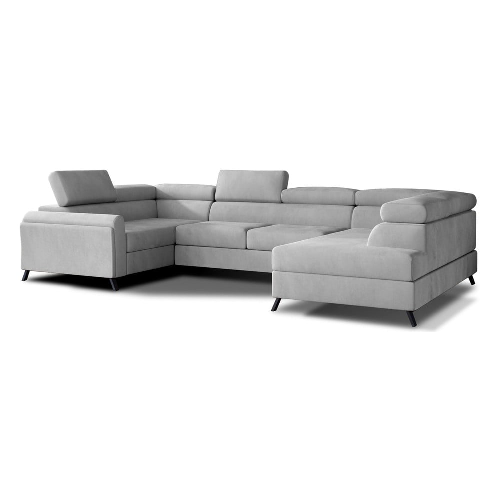 Világosszürke bársony kinyitható-tárolóhelyes sarokkanapé (jobb oldali-U alakú) Escada – ELTAP