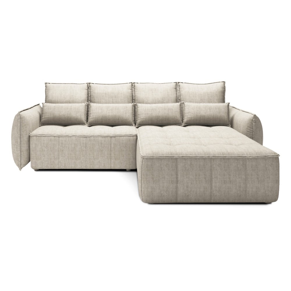 Bézs bársony kinyitható-tárolóhelyes sarokkanapé (jobb oldali-heverő résszel) Campo – ELTAP