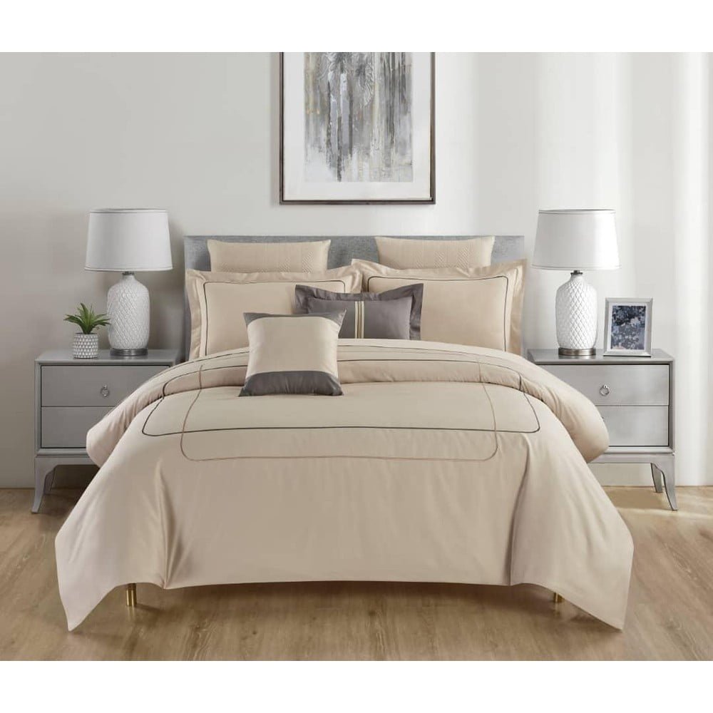 Bézs hatrészes kétszemélyes-hosszabbított renforcé pamut ágyneműhuzat lepedővel 240x220 cm Calm of Lines – Mila Home Luxury