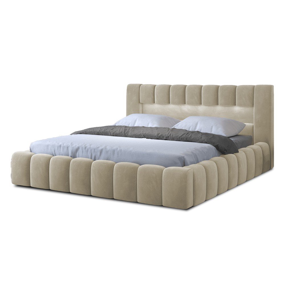 Bézs kárpitozott ágyneműtartós franciaágy ágyráccsal 160x200 cm Lamica – ELTAP