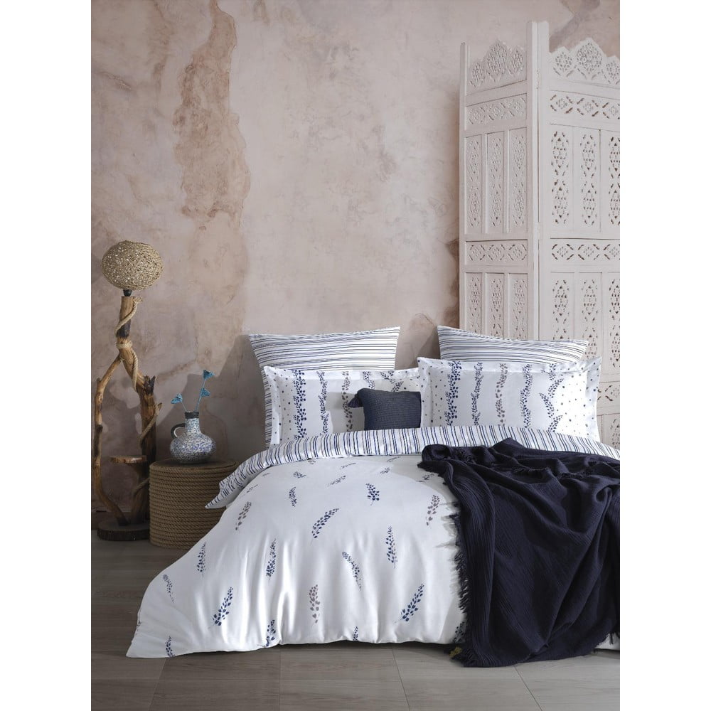 Fehér-kék egyszemélyes pamut-szatén ágyneműhuzat 140x200 cm Marseille Floral – Mila Home Luxury